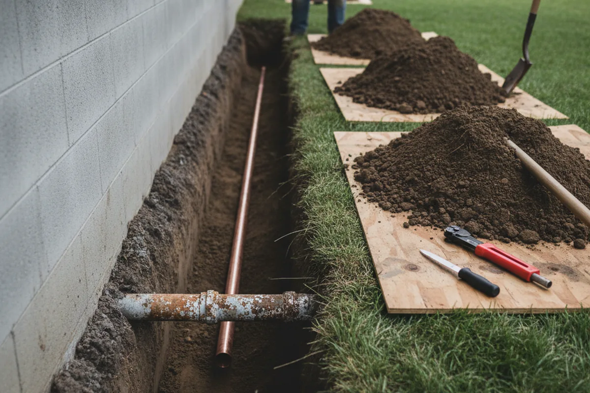 Excavated water line trench during Water Softener Installation in Breeding